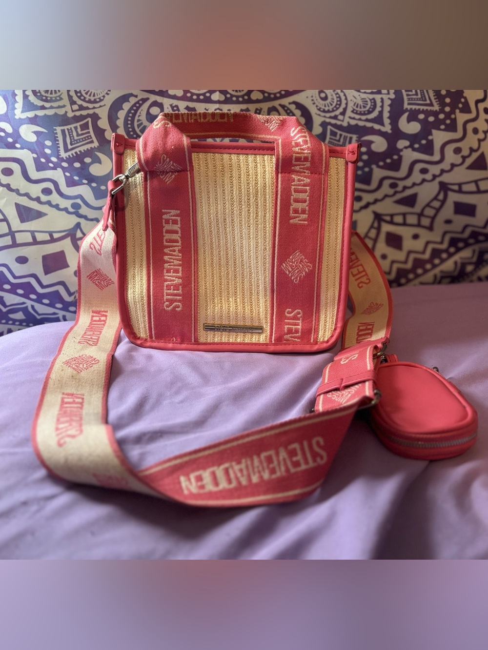 Steve Madden Pink & Cream Crossbody Bag with Branded Strap